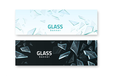 Broken glass shards banners. Realistic crash fragments, transparent sh