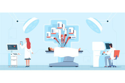 Robotic surgery. Medical operation process&2C; surgical table with patien