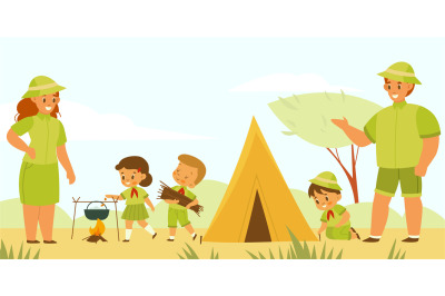 Mentors and scouts. Kids camping tourism. Young explorers pitch tent a