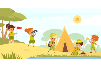 Scouts kids in nature. Young tourists go hiking. Children in uniform p