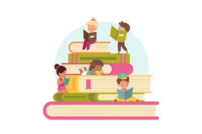 Kids read books. Tiny cute children with big stack of books, training