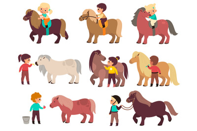 Kids horses. Cute children and little ponies characters, boys and girl