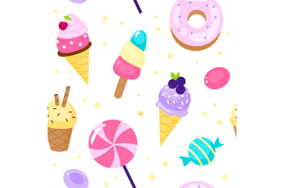 Seamless pattern sweets. Cartoon style candies and ice cream backgroun