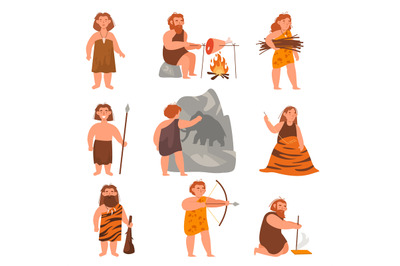 Stone age people. Ancient cute men and women cook, sew clothes from sk