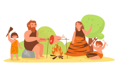 Stone age family. Primitive prehistoric people. Mom, dad and kids cook