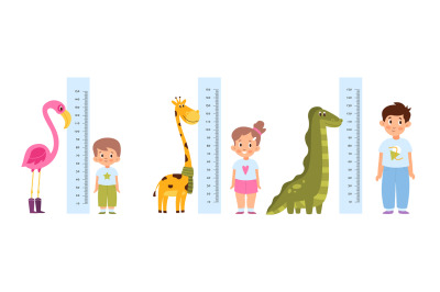 Kid measure height. Different growth and ages children stand near wall