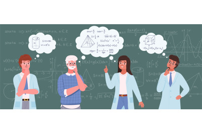 People study math. Scientists on blackboard background with mathematic
