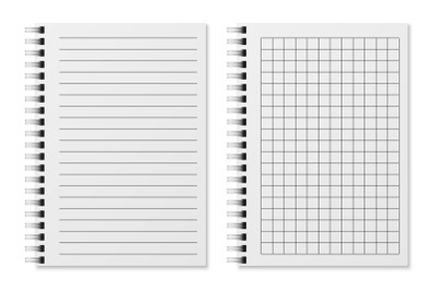 Realistic empty diary. Notebook sheets in lines and in cage, sketchboo