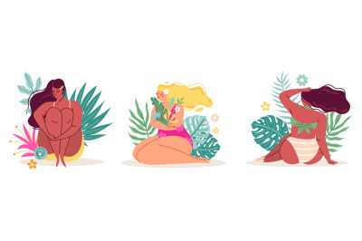 Body positive ladies. Women in flowers sitting in beautiful tropical l