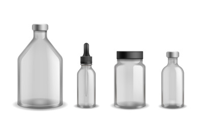 Bottles glass medical. Realistic blank aromatherapy oil cosmetic conta