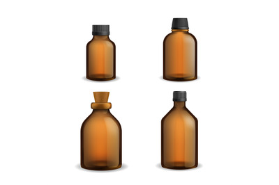 Bottles glass medical. Realistic brown blank transparent packaging wit