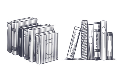 Hand drawn books. Sketch engraving monochrome notebooks. Stack of text