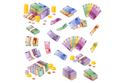 Isometric euro banknotes. Cash money. Various euros bundles and coins.