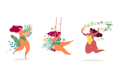 Ladies body positive. Women in flowers beautiful tropical leaves and p