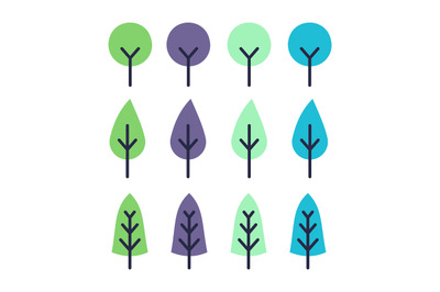 Minimal landscape trees. Forest tree with green purple and blue foliag