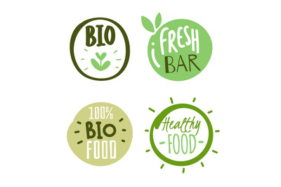 Natural products logo stickers. Organic fresh food labels with text an