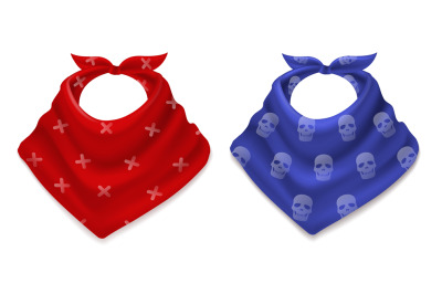 Realistic bandana. 3d scarves&2C; cowboy style red and blue neckerchiefs