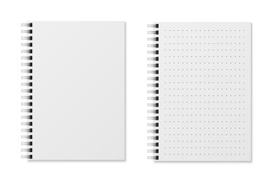 Realistic notebooks. Blank padded diary sketchbook with dots for writi