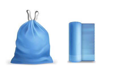 Trash bags. Garbage blue eco pack with ties in different states, empty