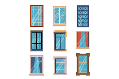 Windows frames flat. Colorful various window frame wooden and plastic