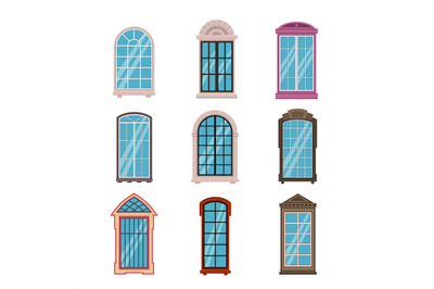 Windows frames flat. Colorful various wooden and plastic window frame