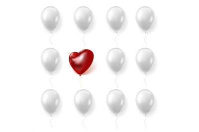 The ball of love. Realistic white round or red heart shaped balloons.