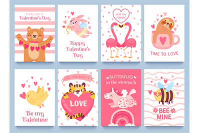 Valentines cards with cute animals. Posters for valentine day with car