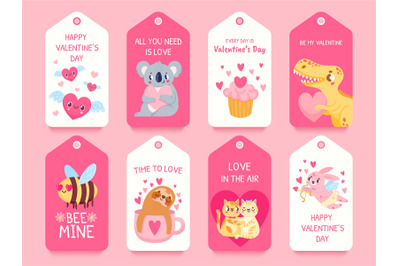 Valentines gift tags with animals. Dinosaur&2C; koala with hearts&2C; cupid&2C;