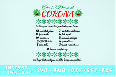 The 12 Days Of Corona 2021 SVG&2C; Funny 12 Days Of Christmas SVG