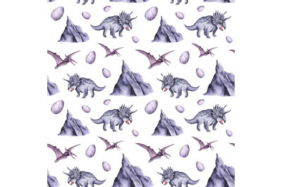 Dino watercolor seamless pattern. Dinosaur, Triceratops. Baby print