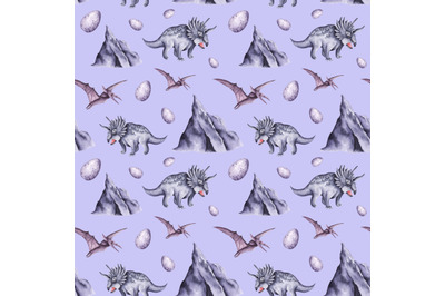 Dinosaur watercolor seamless pattern. Pterodactyl, Triceratops. Dino