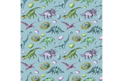 Dino baby watercolor seamless pattern. Dinosaur. Nature. Boy nursery