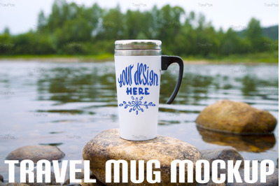 White travel mug mockup with stony river bottom.