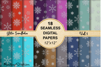&nbsp;Glitter Snowflakes Digital Paper, Seamless Christmas Background Bundl