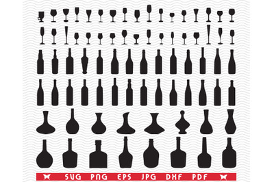 SVG Wine Glasses Bottles Pitchers, Silhouettes, Digital clipart