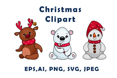 Cute Christmas characters snowman, baby deer and polar bear