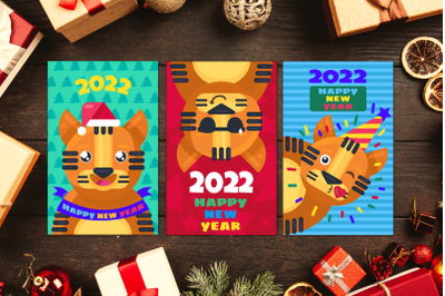 Happy New Year Greeting Cards Set With Tiger