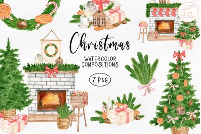 Christmas Clipart. Watercolor Fireplace, Christmas Tree PNG