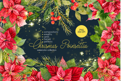 Christmas Poinsettia and Mistletoe Floral Watercolor Clipart