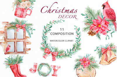 Watercolor Christmas Clipart, Christmas composition clipart