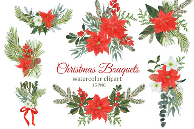 Christmas winter watercolor bouquets, greenery and flowers wedding cli