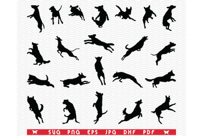 SVG Dog Jumps, Isolated Black Silhouettes digital clipart