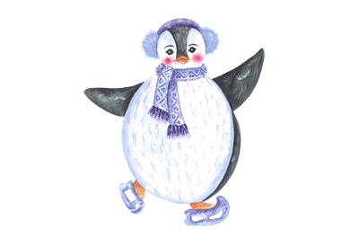 Penguin skates watercolor illustration. Winter sport. Christmas