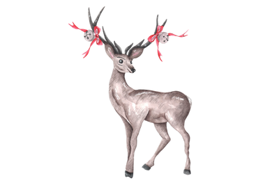 Christmas deer watercolor illustration. Winter, christmas, new year
