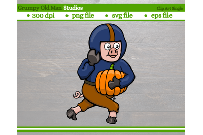 funny cartoon pig football player with pumpkin