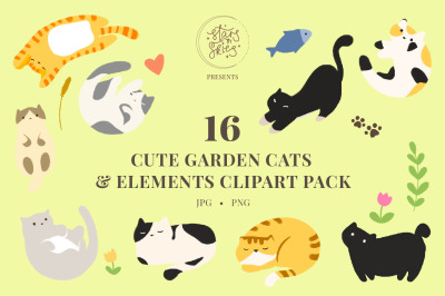 Cute Garden Cats &amp; Elements Clipart Pack
