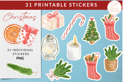 Christmas Printable Stickers Bundle. Winter Stickers PNG