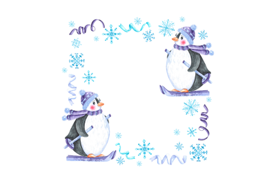 Winter watercolor frame, border. Penguin skiing. Christmas, new year.
