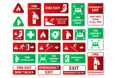 Fire safety, emergency signs, first aid, assembly point and exit symbo