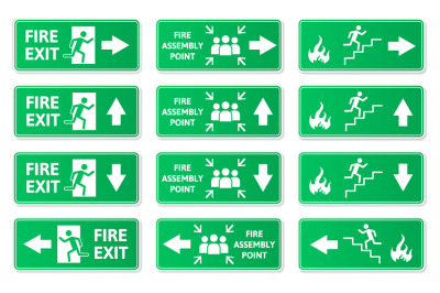 Emergency exit green signs, fire exit, fire assembly point symbols. Ev